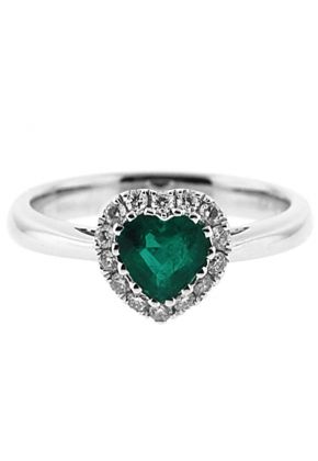 Right Hand Fashion Ring with Heart Shaped Emerald Surrounded by Diamond Halo in 18K White Gold