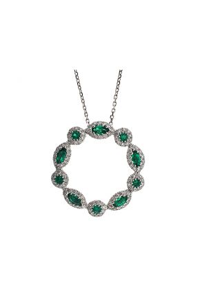Circular Fancy Pendant with Emeralds and Diamond Halos in 18K White Gold