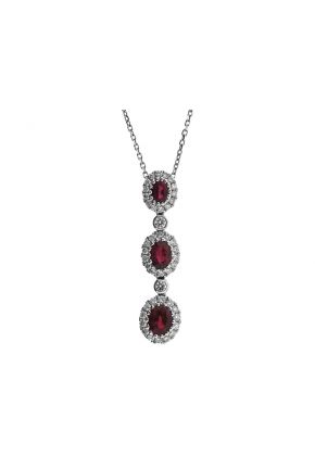 3 Stone Ruby Dangling Pendant with Diamond Halos Around Each & Bezel Set Diamonds In Between Set in 18K White Gold