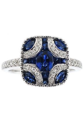 Square Sapphire Right Hand Fashion Ring with Diamond Rounds and Beaded Milgrain Set in 18K White Gold