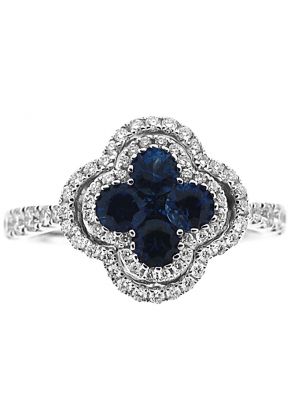 Clover Design Sapphire Ring with Double Diamond Halo in 18K White Gold
