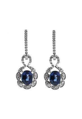 Fancy Prong Set Sapphire Dangling Earrings with Diamond Rounds Set in 18K White Gold
