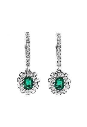 Emerald Dangling Hoop Earrings with Beaded Milgrain and Diamond Halo in 18K White Gold