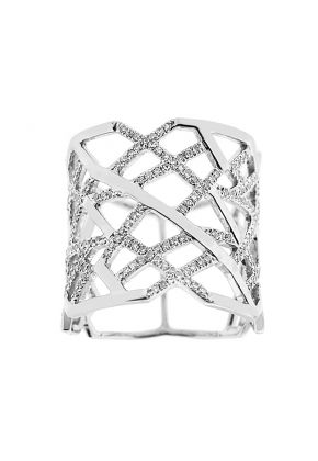 Statement Ring with an Abstract Geometric Design of Diamond Rounds Set in 18K White Gold