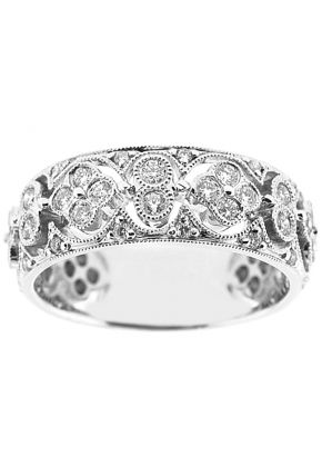 Right Hand Fashion Ring with Bezel Set Diamond Rounds and Beaded Milgrain Design in 18K White Gold