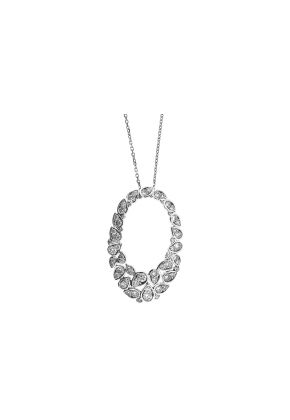 Graduated Oval Pendant Formed of Round Diamonds in Leaf Shapes Set in 18k White Gold