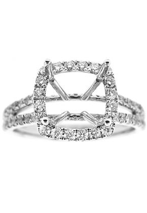Square Cushion Halo Diamond Engagement Ring with Split Shank in 18K White Gold