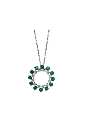 Circle of Life Pendant with Emeralds Surrounding Diamonds Set in 18K White Gold