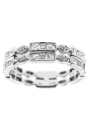Double Row Eternity Band with Beaded Milgrain Bordering Baguette, Round, and Princess Cut Diamonds in 18k White Gold