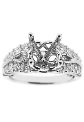 4 Prong Semi-Mount Engagement Ring with a Beaded Milgrain Design and Prong Set Diamonds in 18k White Gold