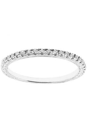 Single Row Triple Side Band with Engraved Design, Beaded Milgrain, and Diamonds Set in 14k White Gold