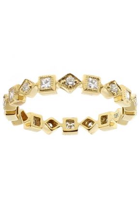Eternity Band with Round and Princess Cut Diamonds Bordered by Beaded Milgrain in 18k Yellow Gold