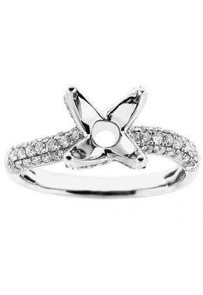 Semi-Mount Milgrain Engraved Wavy Engagement Ring with Pav?? Set Diamonds in 18k White Gold