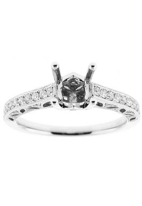 Semi-Mount Triple Side Openwork Engagement Ring with Preset Diamonds Bordered by Beaded Milgrain in 18k White Gold