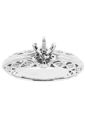 Semi Mount Knife Edge Engagement Ring with Twist Design of Beaded Milgrain and Preset Diamonds in 18k White Gold