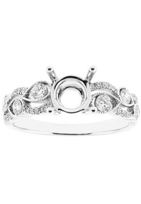 Semi Mount Engagement Ring with Pear Designs of Beaded Milgrain Surrounding Round Diamonds in 18k White Gold