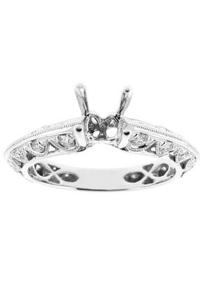 Semi Mount Knife Edge Engagement Ring with Beaded Milgrain Engraving and Diamonds Set in 18k White Gold