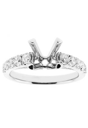 Semi Mount Triple Side Engagement Ring in 18k White Gold with Diamonds on Prong, Bridge, and Shoulder