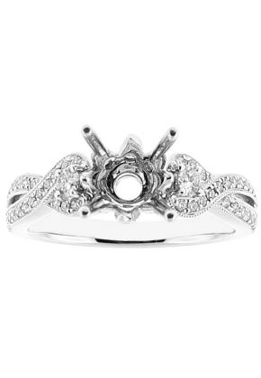 Semi Mount Engagement Ring with Leaf Design Bearing and Diamonds Surrounded by Beaded Milgrain in 18k White Gold