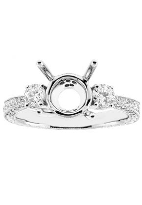 Three Stone Semi Mount Engraved Diamond Engagement Ring with Milgrain in 18k White Gold