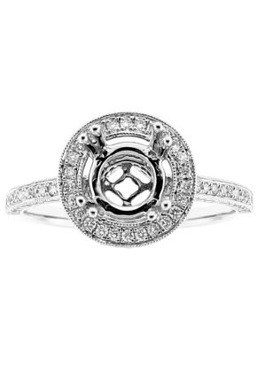 Semi Mount Triple Side Round Halo Engagement Ring with Diamonds in 18k White Gold