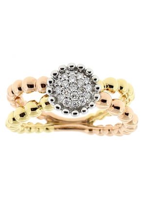 Tri Tone Split Shank Ladies Fashion Ring with Micro Pav?? Set Diamonds in 18k White, Rose, and Yellow Gold