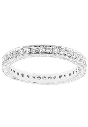 Engraved Triple Side Ladies Eternity Band with Micro Pav?? Set Diamonds and Milgrain in 18kt White Gold