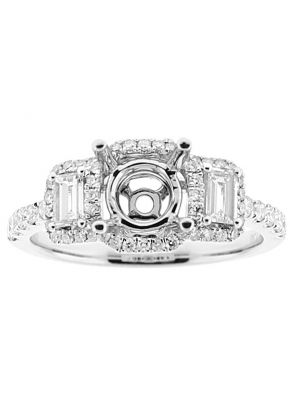 Semi Mount Three Stone Engagement Ring with Baguette and Round Diamonds in 18kt White Gold