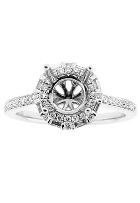 Semi Mount Round Halo Combination Set Engagement Ring with Baguette and Round Diamonds in 18kt White Gold