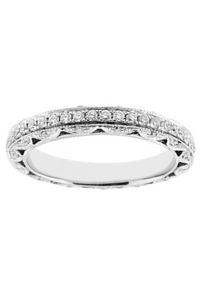 Ladies Openwork Eternity Wedding Band with Milgrain and Micro Pave Set Diamonds in 18kt White Gold