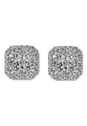 Square Post Back Stud Earrings with Cluster of Diamonds Surrounded by Halo in 18kt White Gold