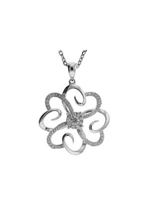 Flower Pendant with Swirling Petals of Diamonds and 18k White Gold