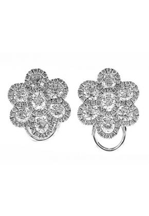 Flower Design Cluster, French Clip Back Diamond Earrings in 18k White Gold