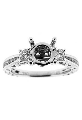 3 Stone Look Round Diamonds Filigree and Miligrain Sides Semi Mount Engagement Ring 18kt White Gold