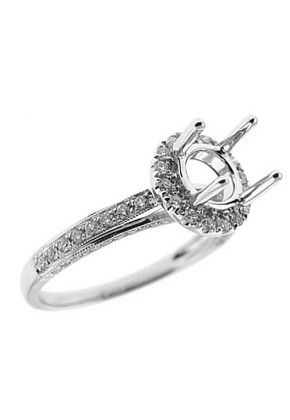 Classic Halo over 3 Sided Diamond Shank, Diamond Engagement Semi Mount White Gold Ring Setting