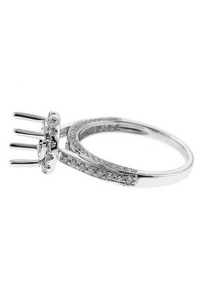 Classic Halo over 3 Sided Diamond Shank, Diamond Engagement Semi Mount White Gold Ring Setting