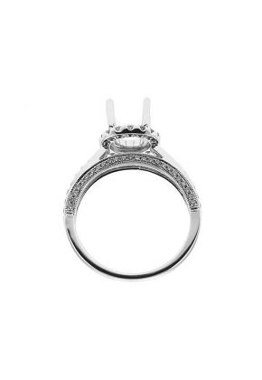 Classic Halo over 3 Sided Diamond Shank, Diamond Engagement Semi Mount White Gold Ring Setting