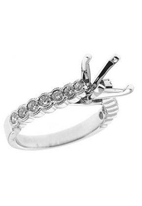 Semi-Mount Engagement Ring with Semi-Bezel Set Round Diamonds Bordered by Beaded Milgrain in 18k White Gold