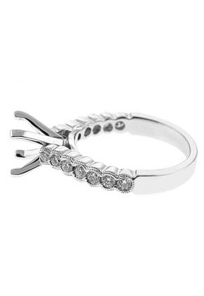 Semi-Mount Engagement Ring with Semi-Bezel Set Round Diamonds Bordered by Beaded Milgrain in 18k White Gold