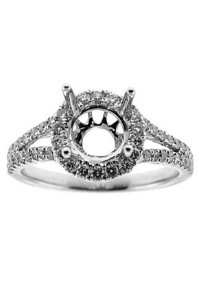 Classic Halo, Split Shank Diamond Engagement Semi Mount White Gold Ring Setting
