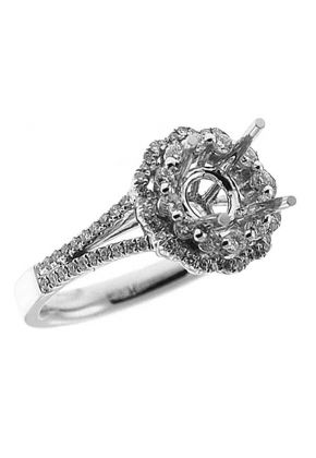 Double Flower Shape Halo, Split Shank, Diamond Engagement Semi Mount White Gold Ring Setting