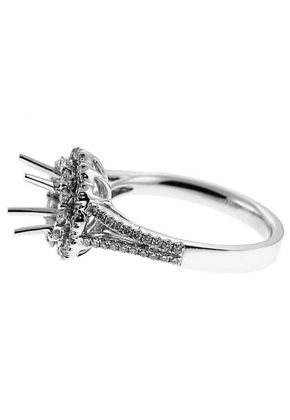 Double Flower Shape Halo, Split Shank, Diamond Engagement Semi Mount White Gold Ring Setting