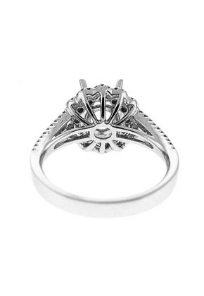 Double Flower Shape Halo, Split Shank, Diamond Engagement Semi Mount White Gold Ring Setting