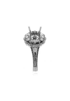 Double Flower Shape Halo, Split Shank, Diamond Engagement Semi Mount White Gold Ring Setting