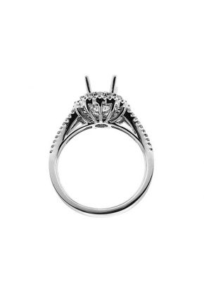 Double Flower Shape Halo, Split Shank, Diamond Engagement Semi Mount White Gold Ring Setting
