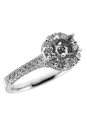 Semi-Mount Three Side Engagement Ring with Round Halo and Diamond Encrusted Shank in 18k White Gold