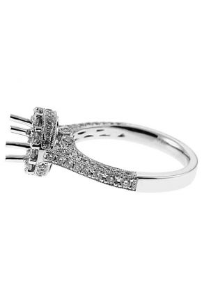 Semi-Mount Three Side Engagement Ring with Round Halo and Diamond Encrusted Shank in 18k White Gold