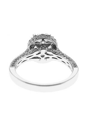 Semi-Mount Three Side Engagement Ring with Round Halo and Diamond Encrusted Shank in 18k White Gold