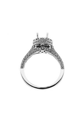 Semi-Mount Three Side Engagement Ring with Round Halo and Diamond Encrusted Shank in 18k White Gold