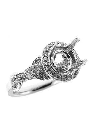Semi-Mount Crossover Twist Shank Engagement Ring with a Round Halo and Diamonds Set in 18k White Gold